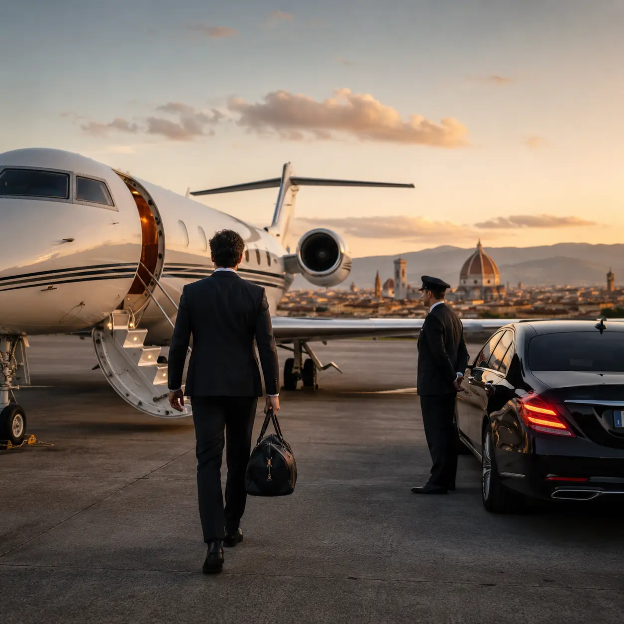 Luxury traveler arriving by private jet in Italy with chauffeur car waiting for a 48-hour itinerary through Milan, Florence and Rome